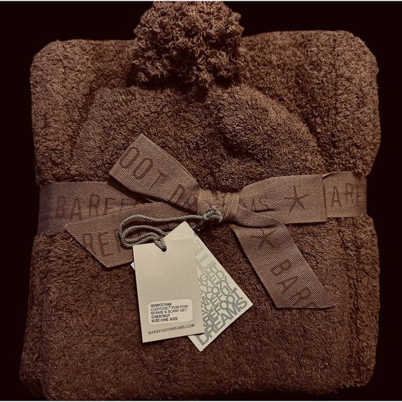 Barefoot Dreams Accessories - Barefoot Dreams CozyChic Pom Pom Beanie & Scarf Set CHESTNUT Xmas‎ Gift NWT
